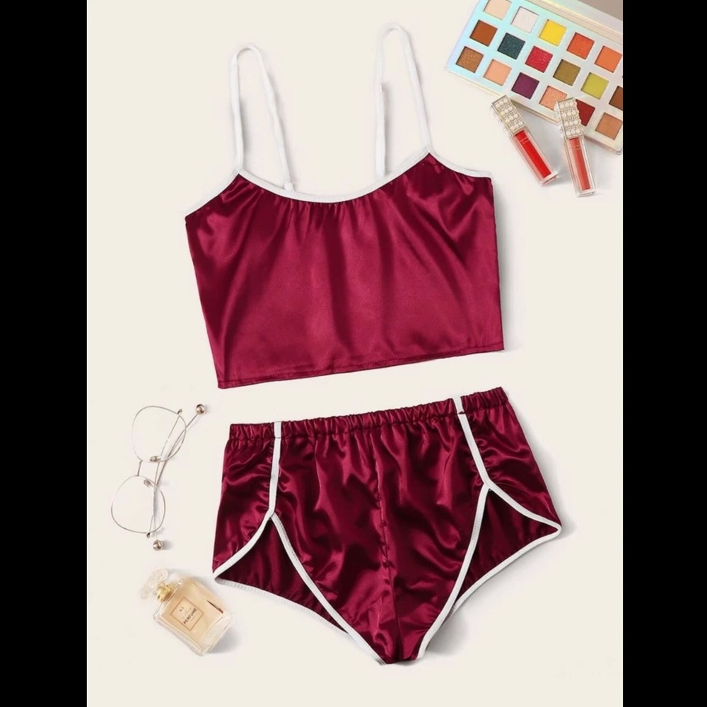 Burgundy, Satin, PJ, Lingerie Set - Picture 5 of 6